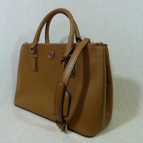 NEW Tory Burch Robinson Mini Double-Zip Tigers Eye Tan Leather Tote Bag/Satchel - Picture 4 of 14